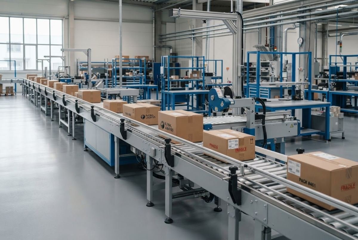 Linha de produção com esteira e caixas