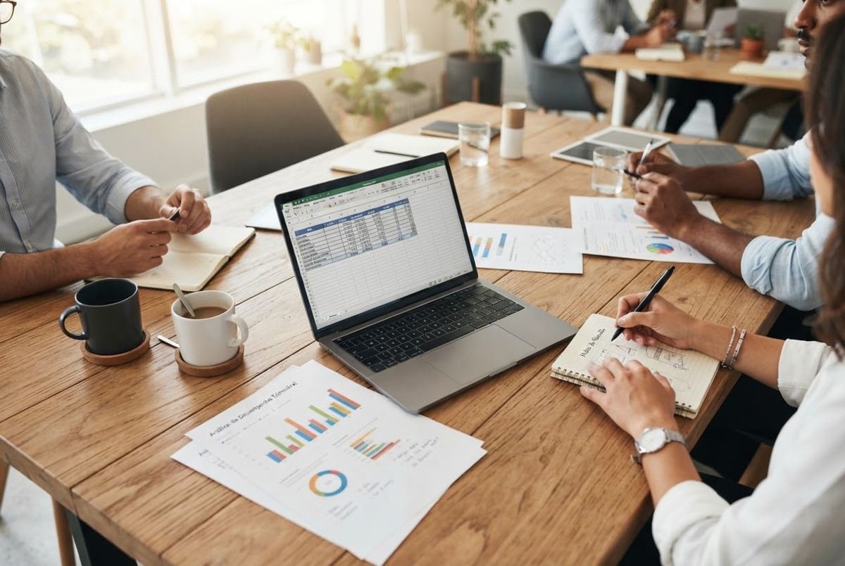 Reunião de trabalho com notebook aberto em planilha e relatórios impressos sobre a mesa